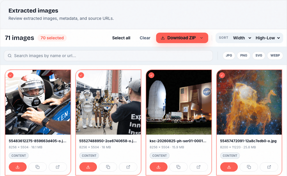ImageExtract showing extracted website images with selection, sorting, dimensions, and download controls